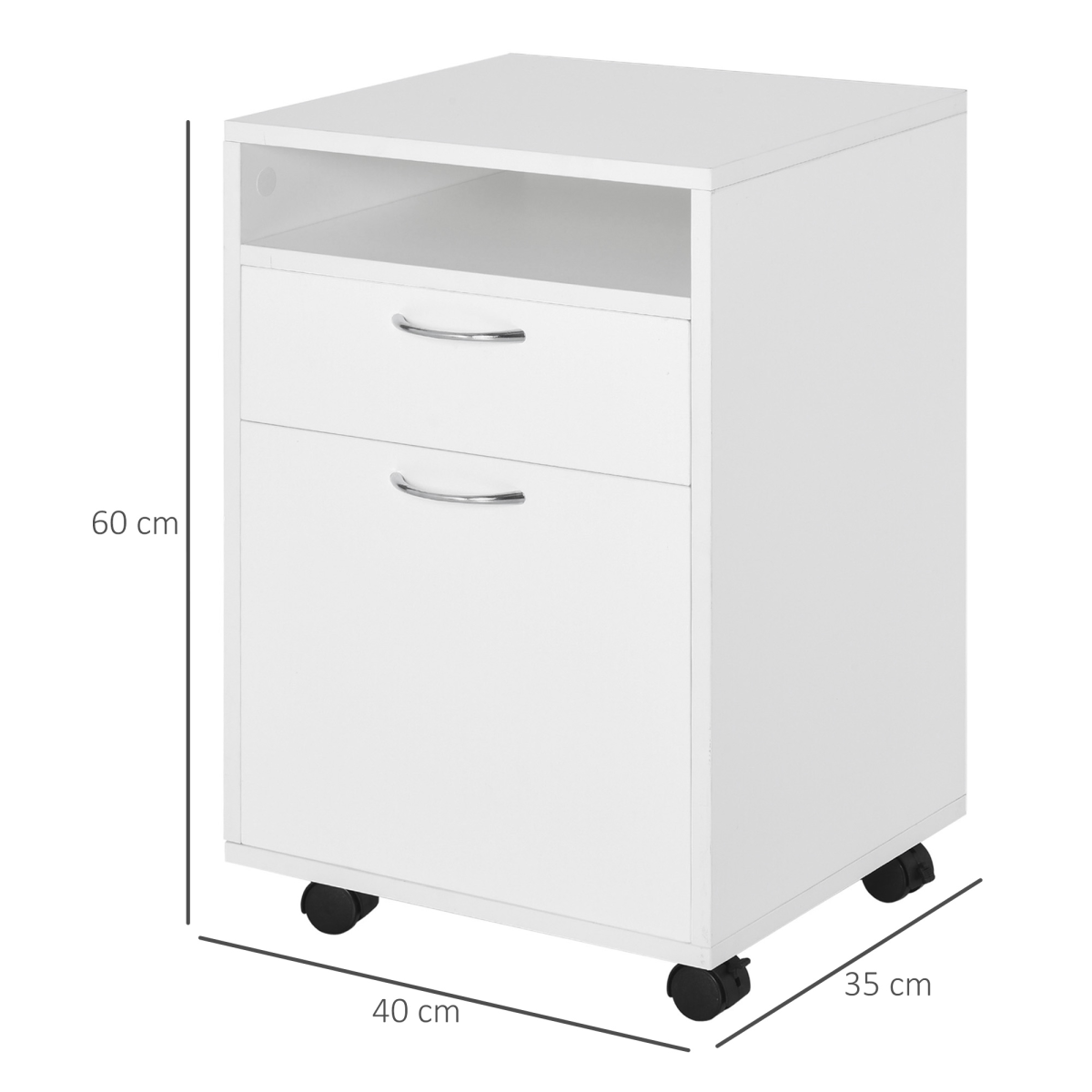 HOMCOM 60cm Storage Cabinet with Drawer, Open Shelf, Metal Handles, 4 Wheels, White