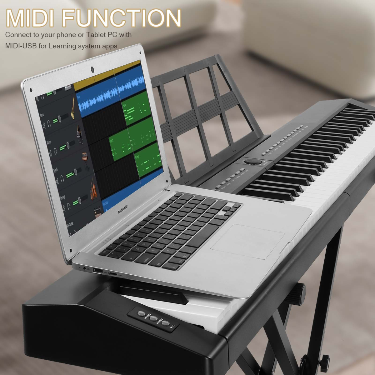 GPP-105 88 Key Full Size Semi-Weighted Standard Keyboards Digital Piano with Dual-tube X-Shape Stand, MIDI Bluetooth, Headphone,for Piano Lover Black color