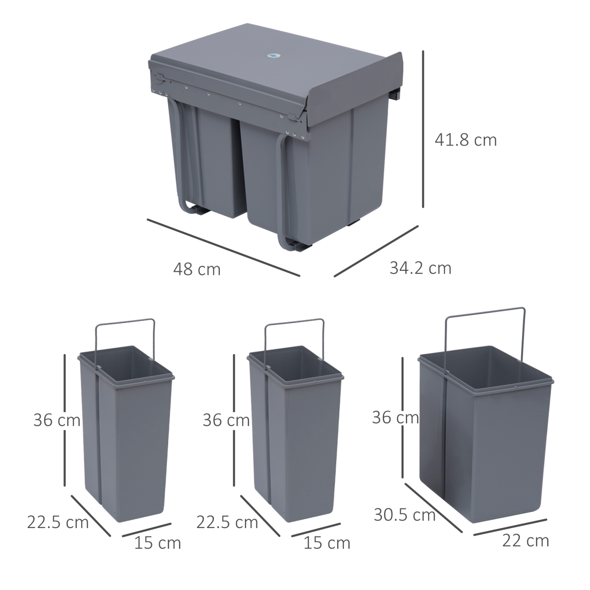 HOMCOM Pull-Out Recycling Waste Bin Cabinet 40L Grey Soft Close