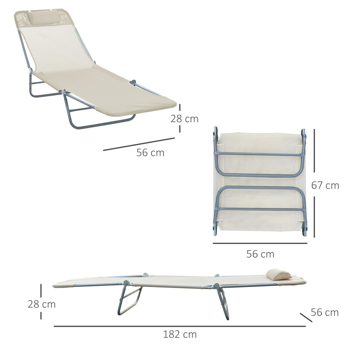 Outsunny Adjustable Sun Bed Garden Lounger Recliner Relaxing Camping Beige