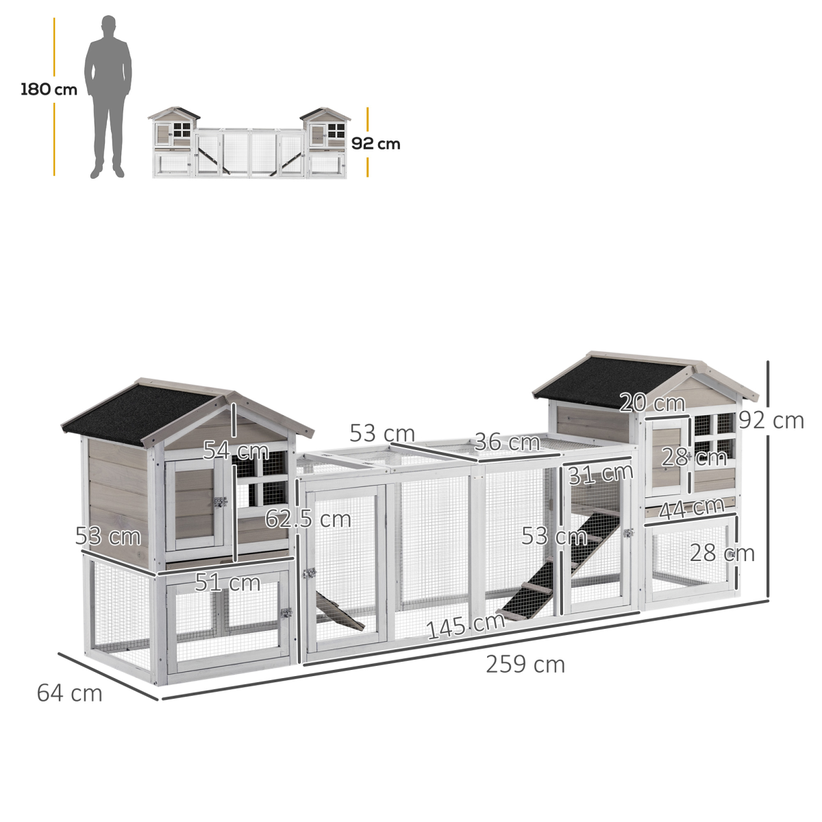 PawHut 2-in-1 Wooden Rabbit Hutch with Double House, Run Box & Tray