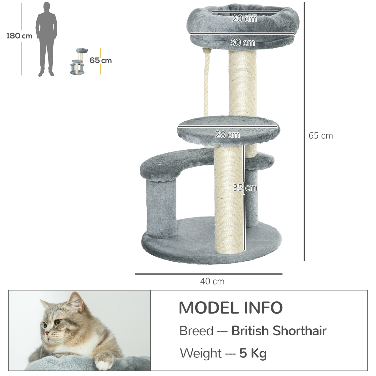 PawHut Cat Tree Scratcher Activity Center with 2 Perches, Scratching Posts and Hanging Sisal Rope