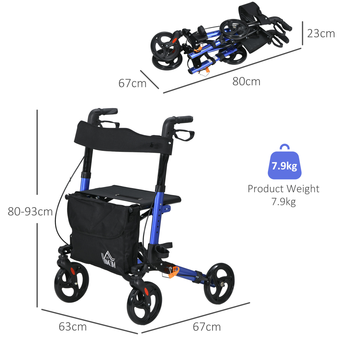 HOMCOM 4-Wheel Rollator Walker with Seat, Adjustable Height, Blue