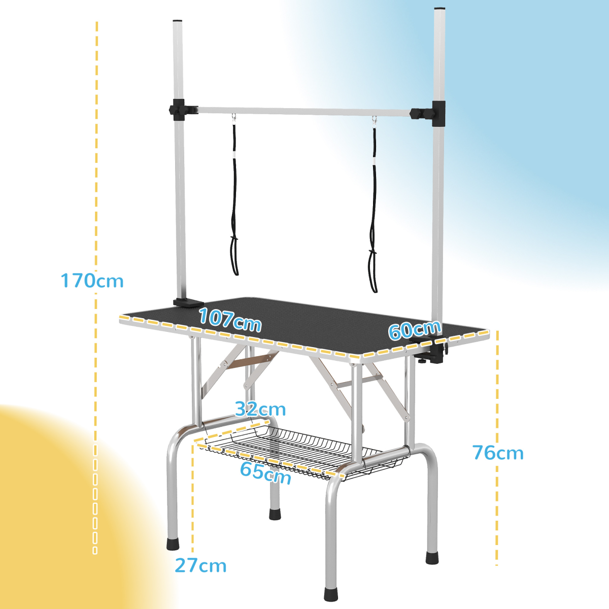PawHut Adjustable Metal Dog Grooming Table with Non-Slip Rubber Top, 2 Safety Slings, Mesh Storage Basket, Black