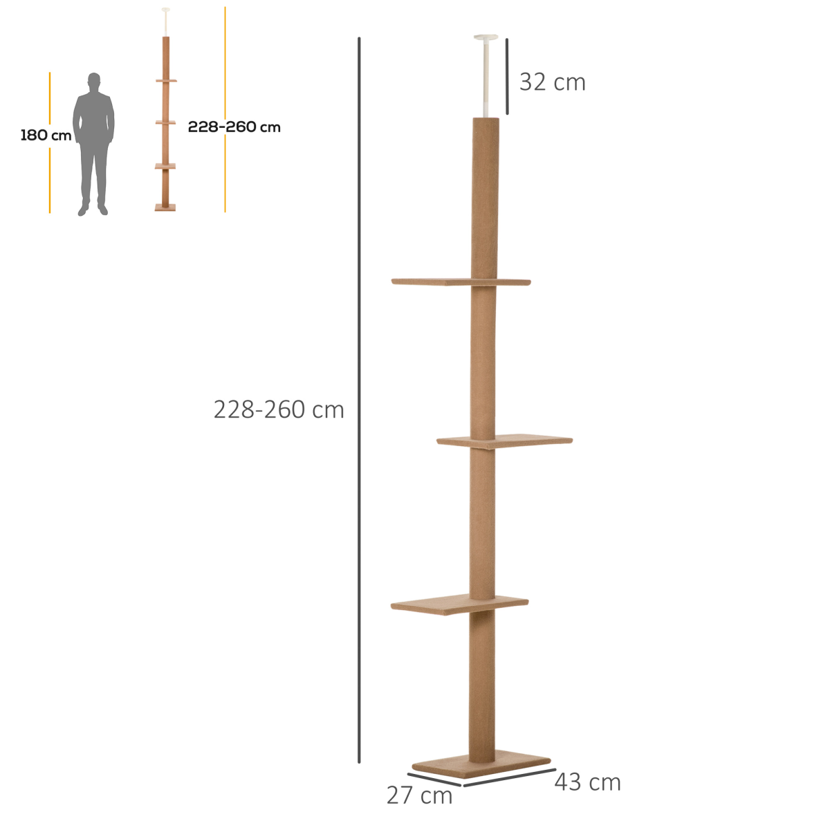PawHut 260cm Floor-to-Ceiling Cat Tree for Indoor Cats, Adjustable Height, 4 Platforms, Brown