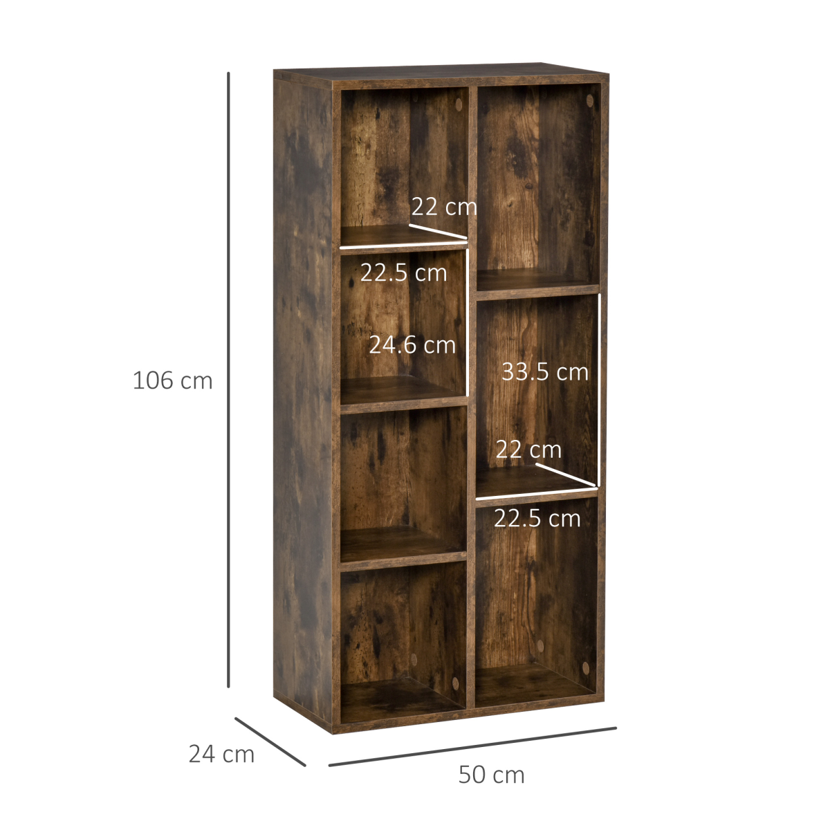 HOMCOM Industrial Bookcase Display Cabinet, 7-Compartment Cube Storage, Rustic Brown