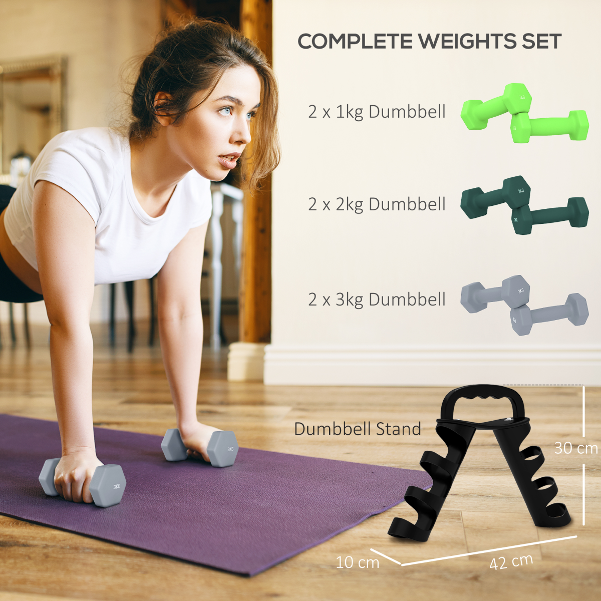 SPORTNOW 6-Piece Dumbbell Set with Storage Rack, 1kg-3kg, Multi-Colour