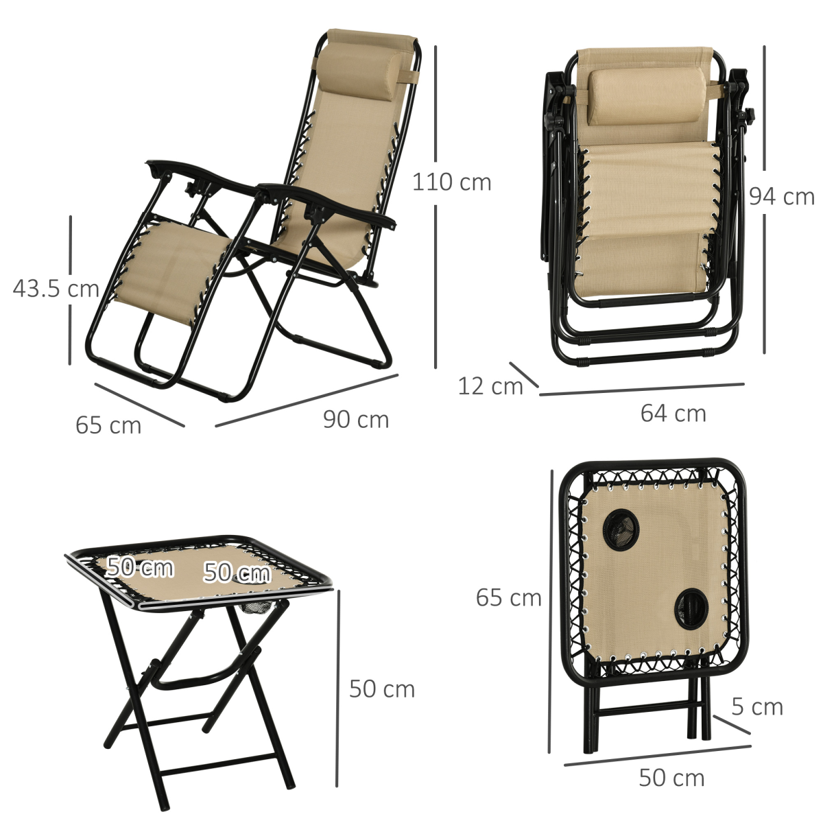 Outsunny 3-Piece Zero Gravity Sun Lounger Chair and Side Table Set with Cup Holders, Beige