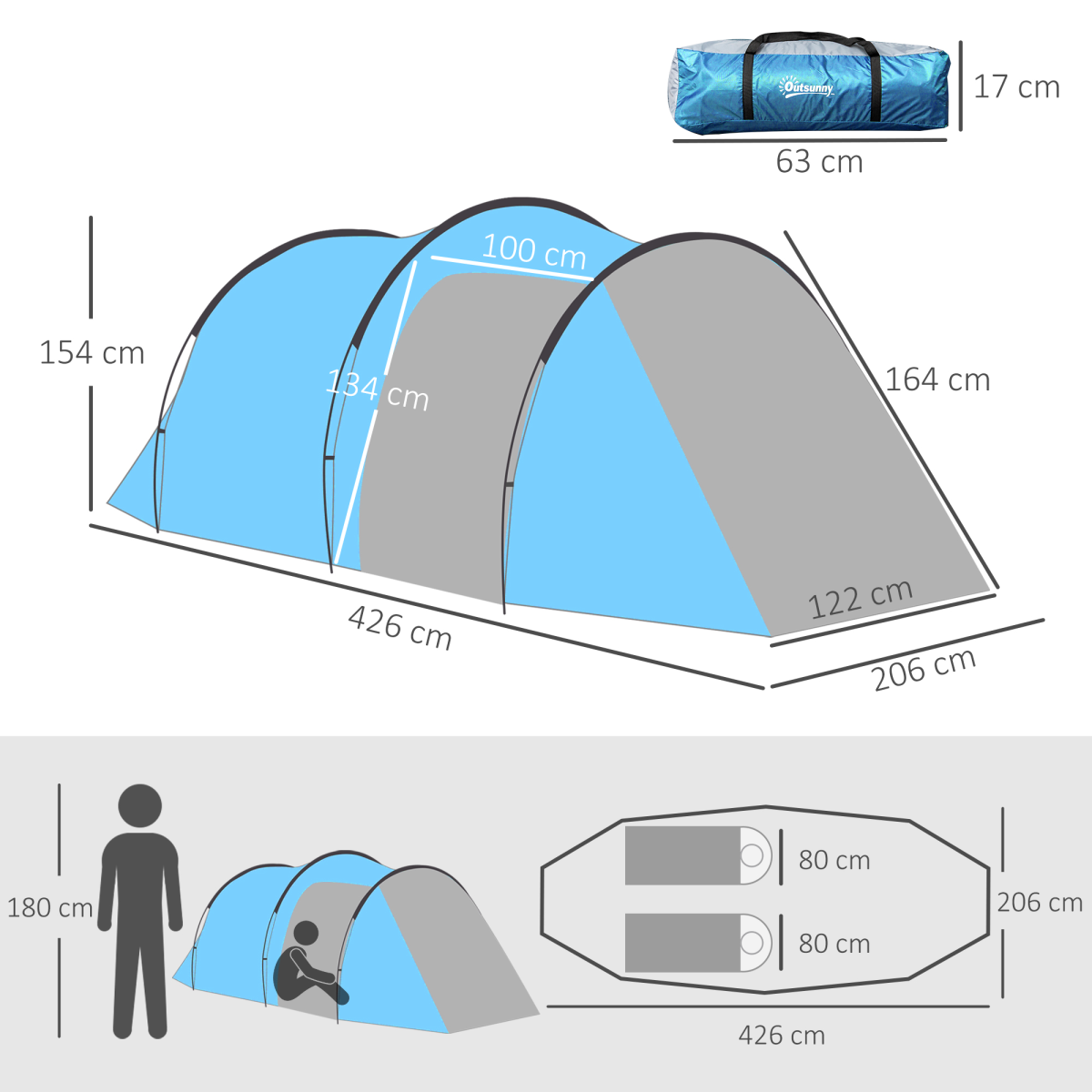 Outsunny 3 Man Camping Tent, 2-Room Design with Front Porch, Mesh Vents, Weather-Resistant, 2000mm Waterproof Index