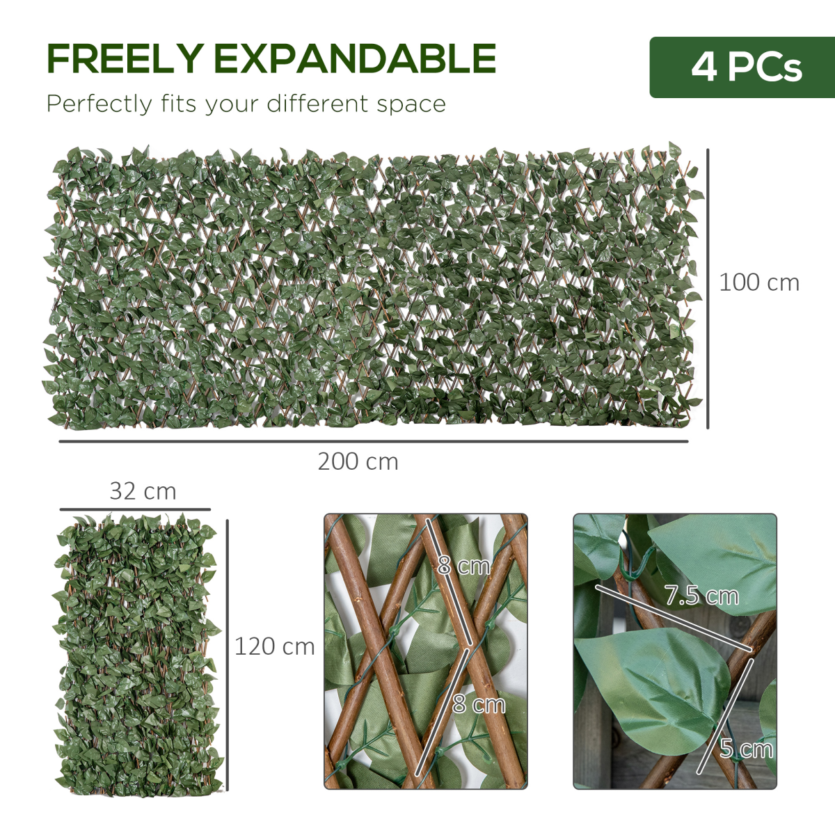 Outsunny 4Pc Expanding Telescopic Trellis Fence, 2m x 1m Artificial Laurel Leaf Plant Fence for Indoor and Outdoor Use