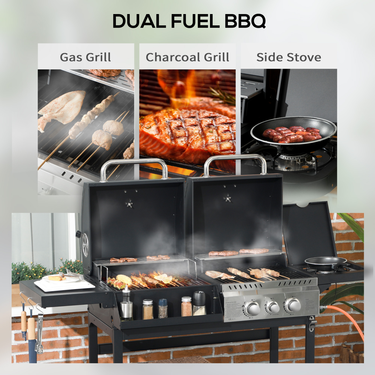 Outsunny Dual Fuel BBQ Grill with Wheels and Warming Rack
