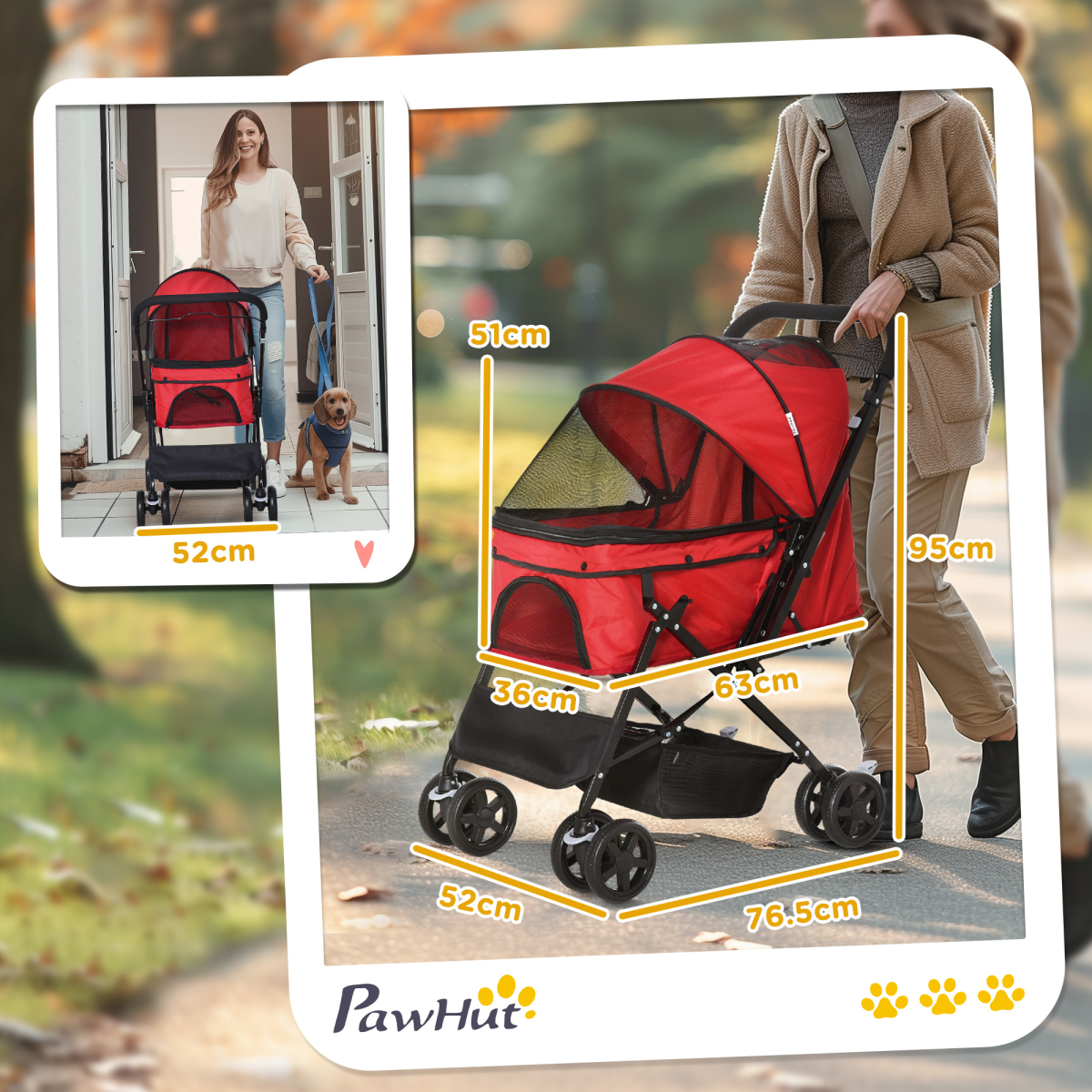 Foldable Pet Stroller for Small Dogs and Cats with Reversible Handle, Brake Wheels, Storage Basket