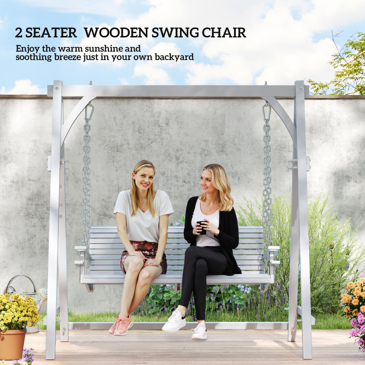Outsunny 2 Seater Wooden Garden Swing Seat with Cup Trays, Grey