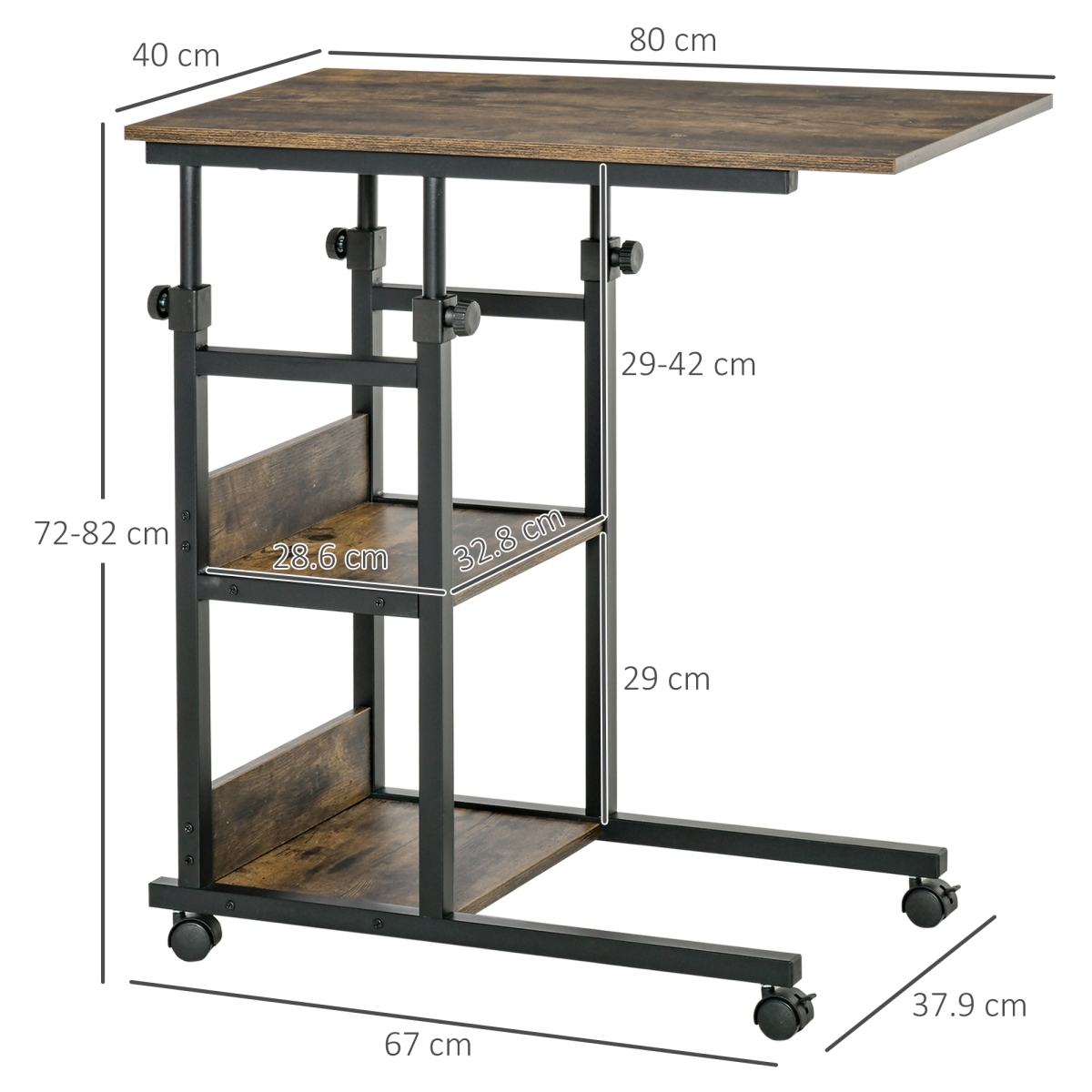 Adjustable C-Shaped Mobile Sofa Side Table with 3-Tier and Brakes