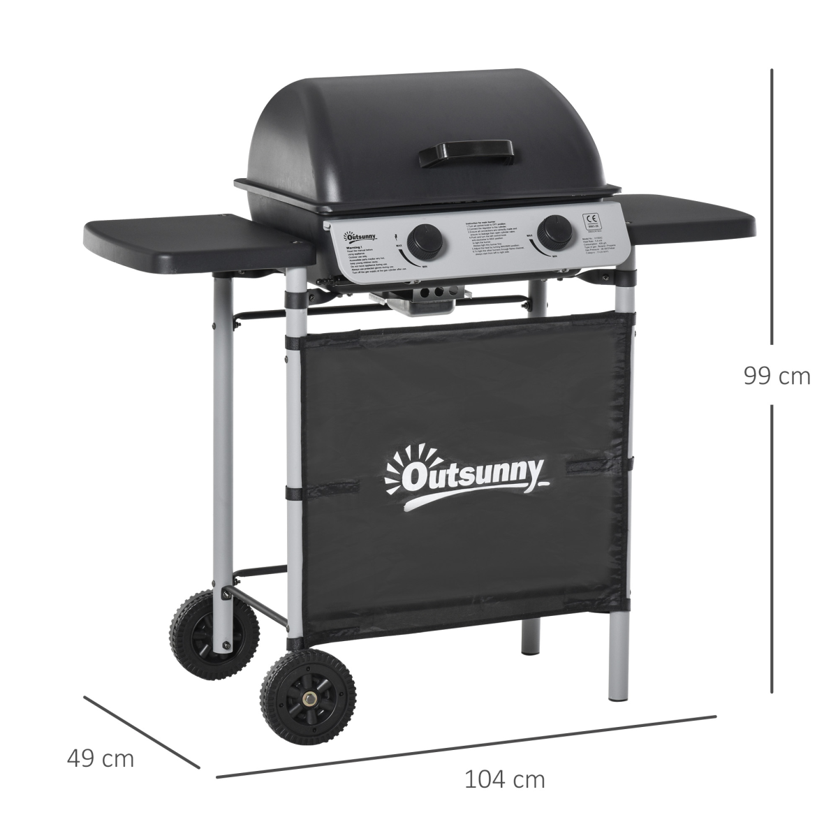 Outsunny 2-Burner Propane Gas BBQ Grill, 5.6 kW, Side Shelves