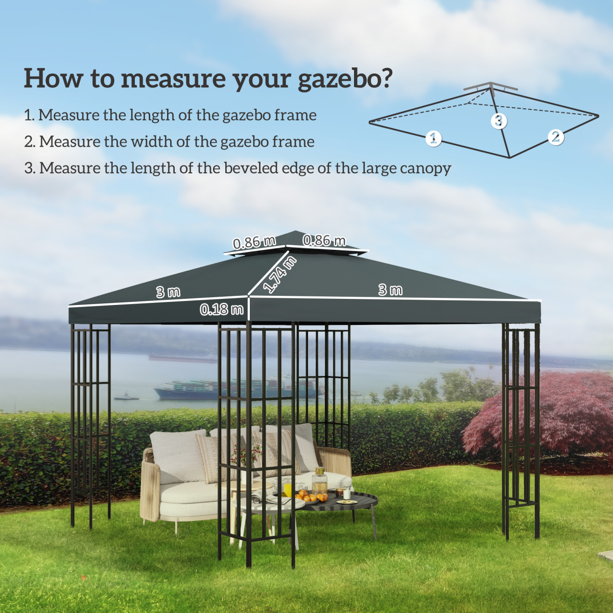 Outsunny 3m 2-Tier Gazebo Replacement Canopy Top Cover, Charcoal Grey