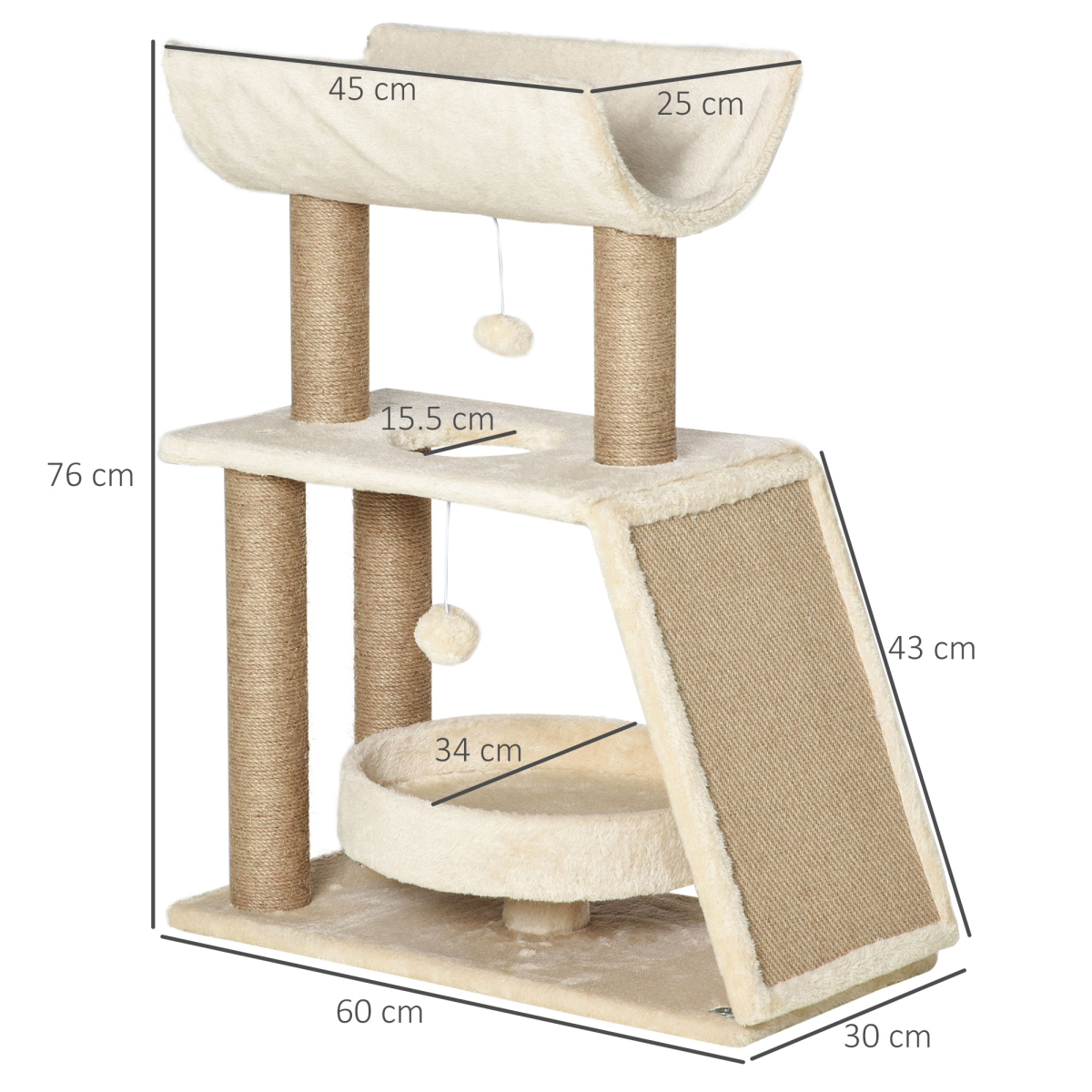 PawHut Multi-Level Cat Tree Kitten Tower with Scratching Post, Scratching Pad, Bed, Perch and Dangling Toy Balls