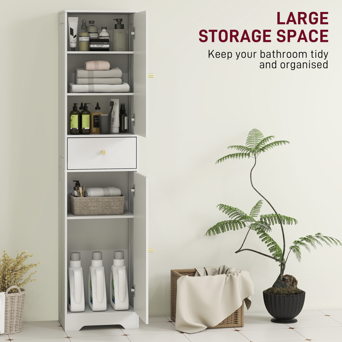 HOMCOM Tall White Bathroom Storage Cabinet with Arch Doors & Drawer