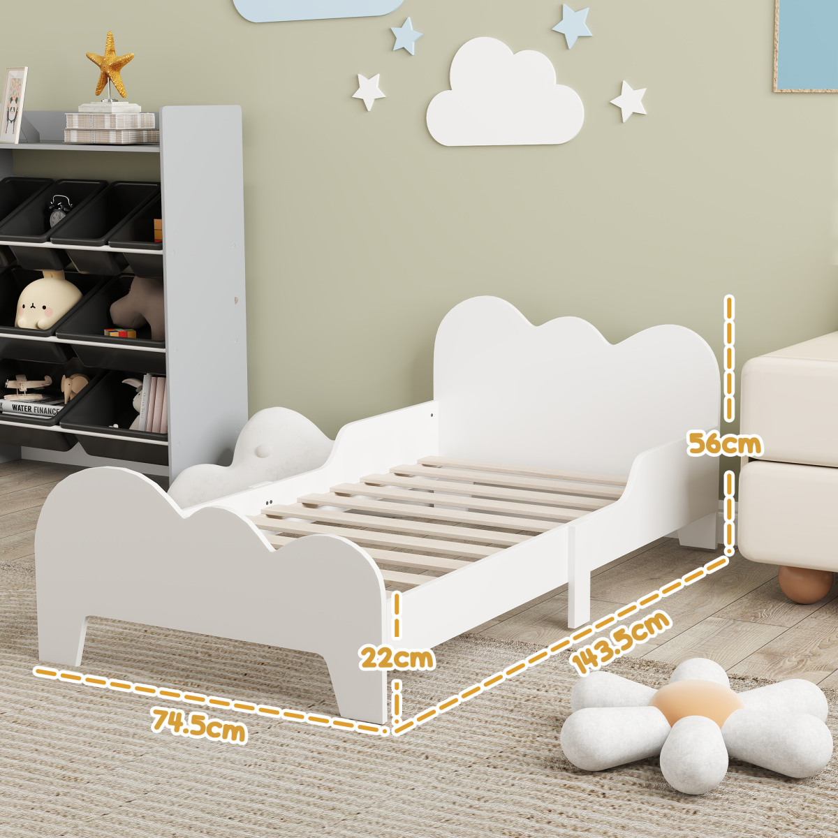 AIYAPLAY Cloud Toddler Bed with Safety Rails, White