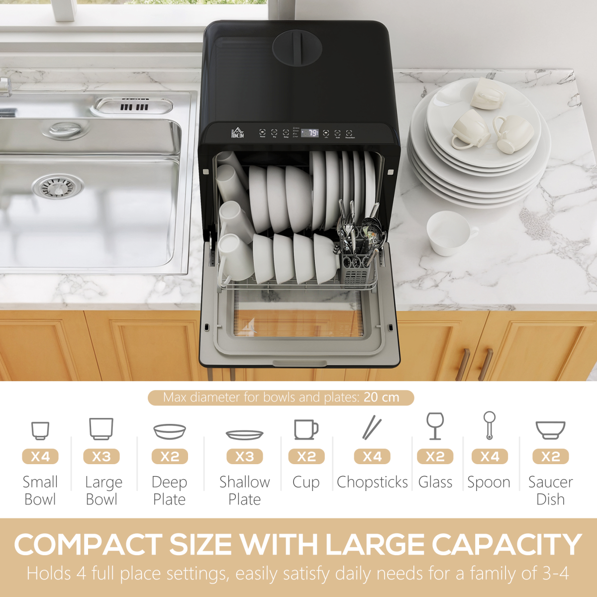 HOMCOM Countertop Dishwasher, Dual Water Supply, 5 Cycles, Black