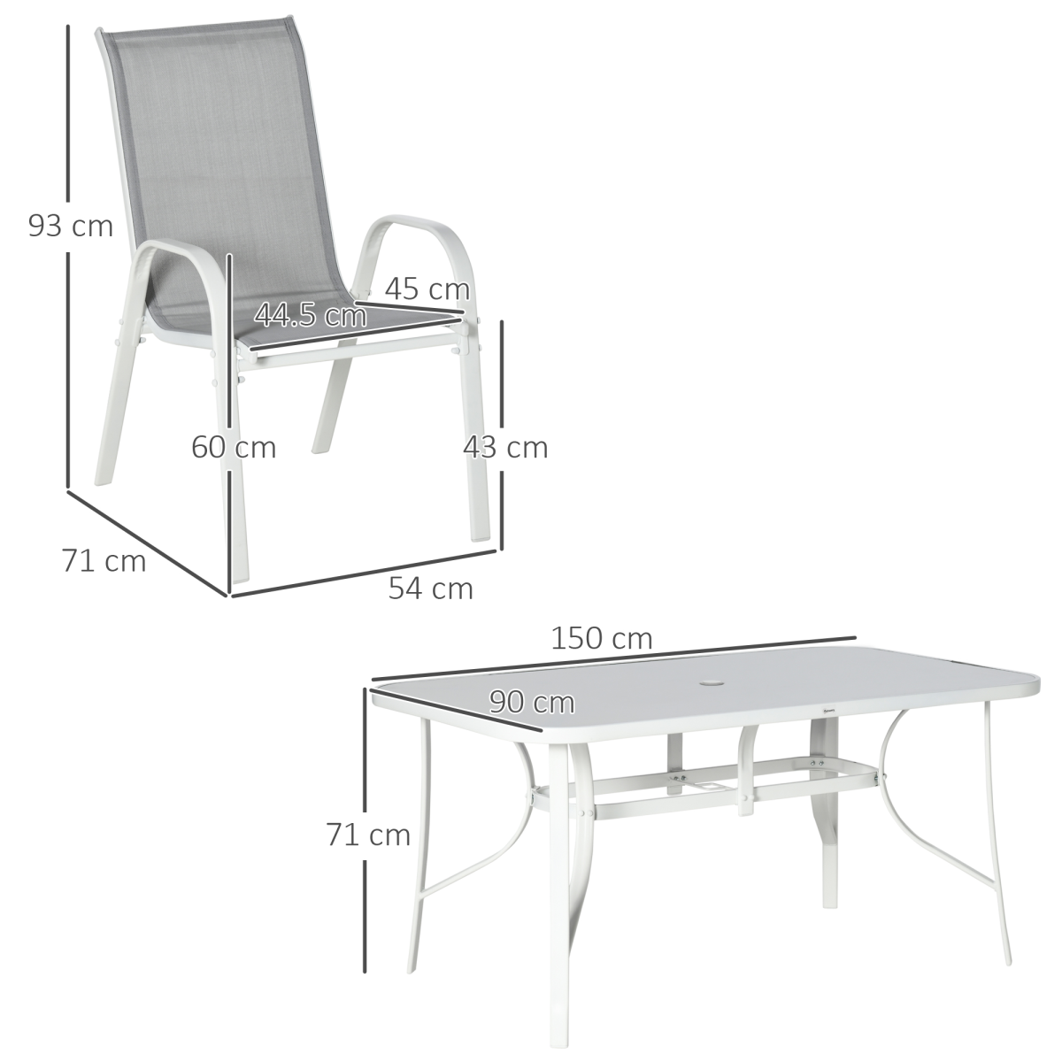 Outsunny 7 Piece Grey Outdoor Garden Dining Set with 6 Armchairs and Glass Top Table