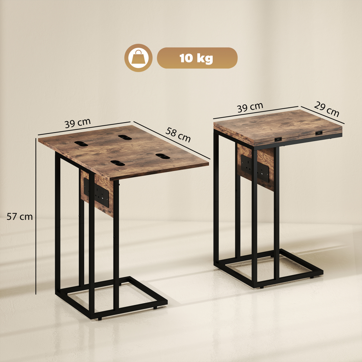 HOMCOM C-Shaped Side Table with Charging Station, Foldable Top