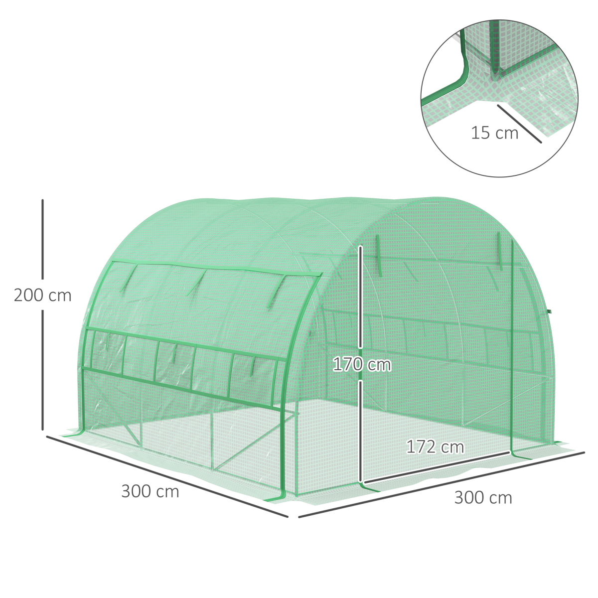 Outsunny 3 x 3 x 2 m Green Polytunnel Greenhouse with Steel Frame