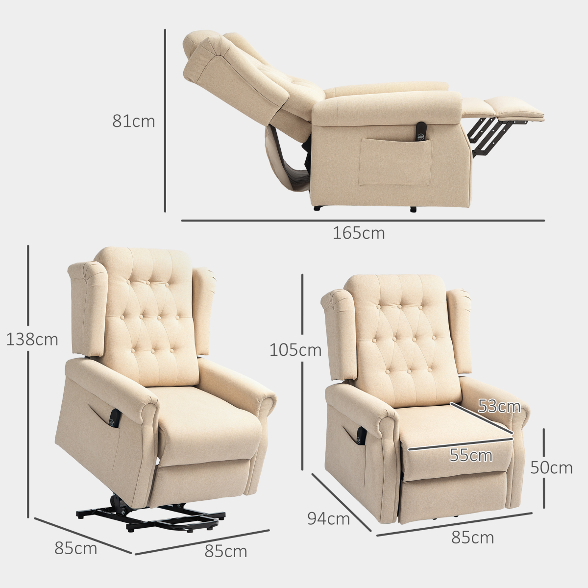 HOMCOM Beige Power Lift Recliner Armchair, Wingback, Button Tufted