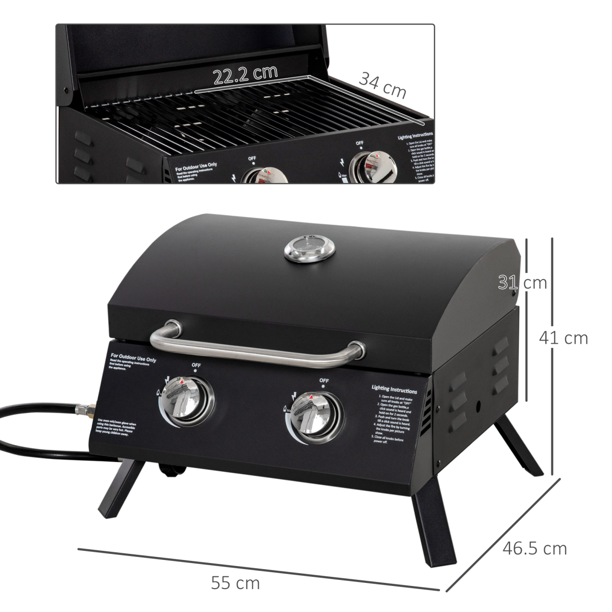 Outsunny 2 Burner Gas BBQ Grill Portable Folding Tabletop Barbecue with Lid Thermometer, Regulator and Hose Included, Black