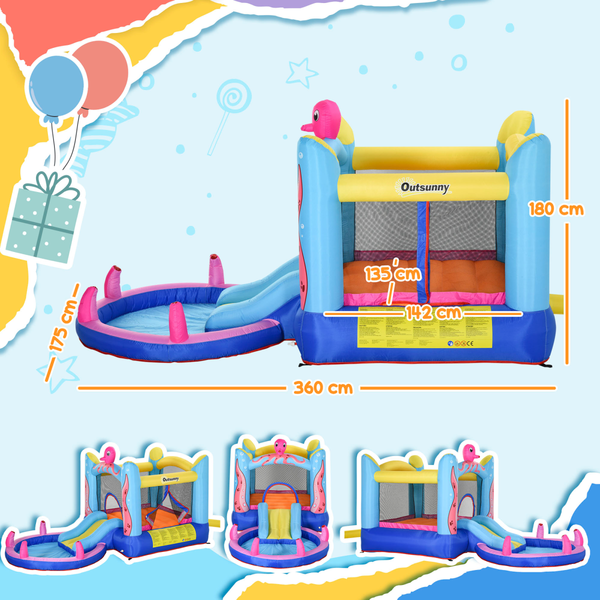 Outsunny Inflatable Water Bounce House with Slide, Pool & Blower