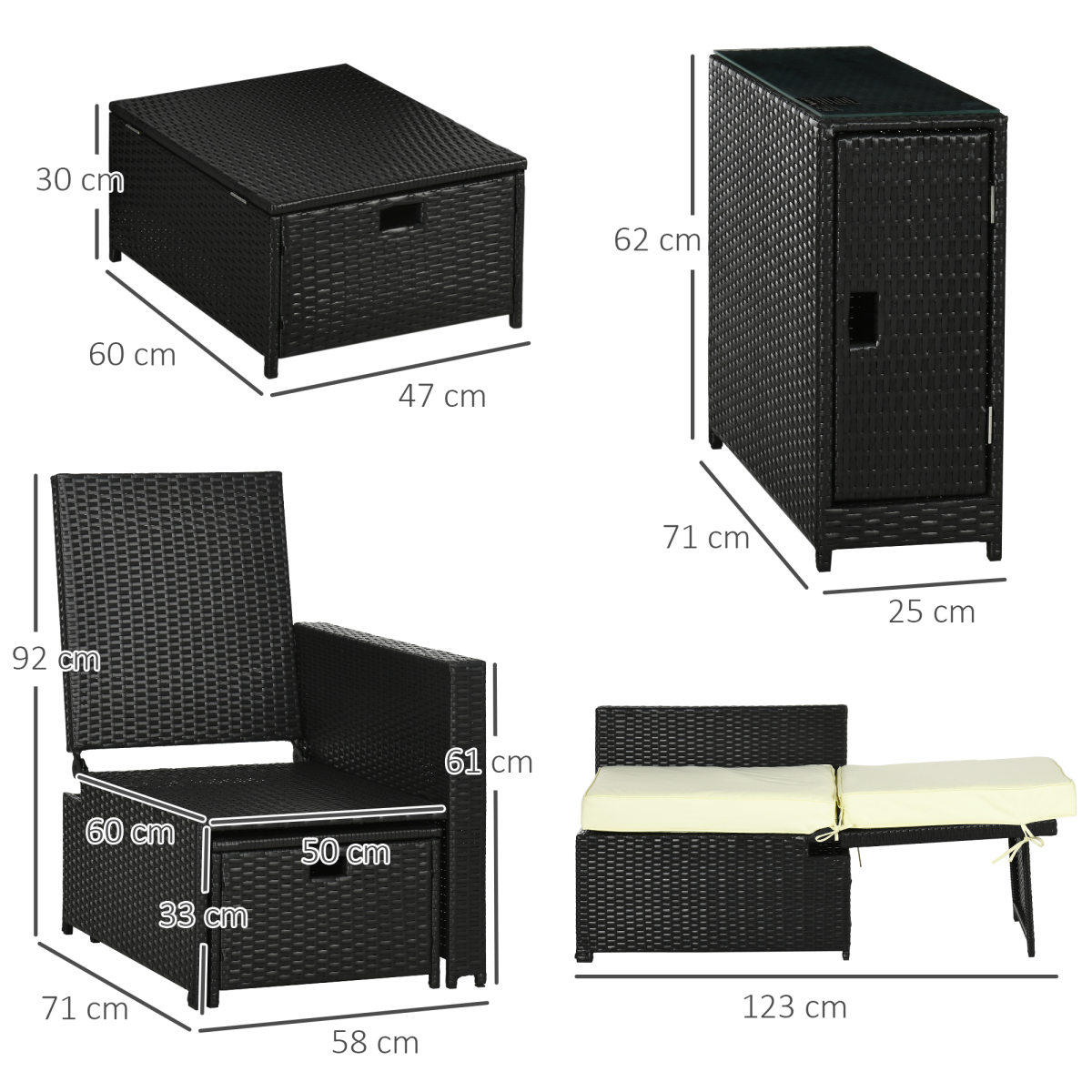 Outsunny 5-Position Adjustable Rattan Sun Lounger Set with Table & Footstools, Black