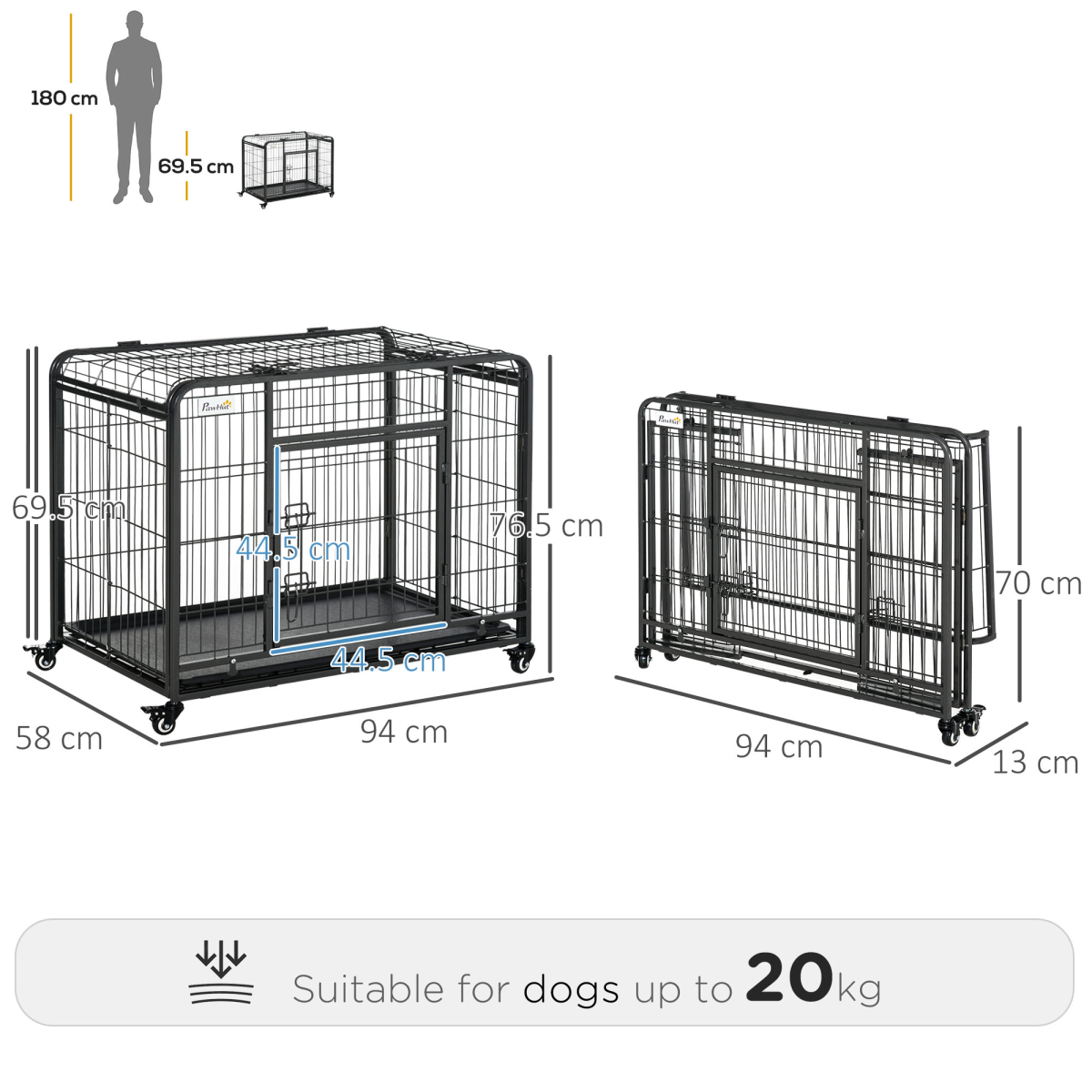PawHut Metal Dog Crate Kennel with Locking Door, Wheels for Medium Dogs