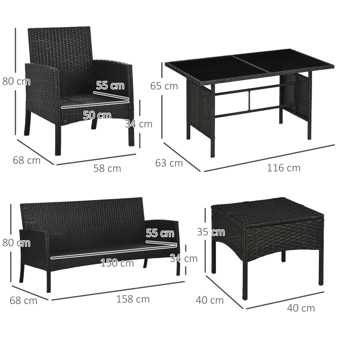 Outsunny 6-Piece Rattan Garden Sofa Set with Table, Armchairs & Footstools