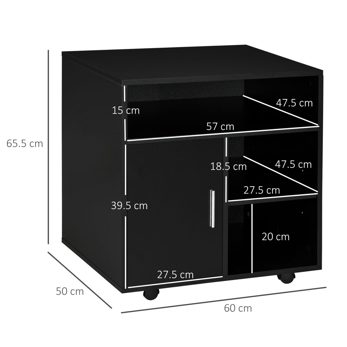 Multi-Storage Printer Unit with 5 Compartments, Adjustable Shelf, Lockable Wheels, Black