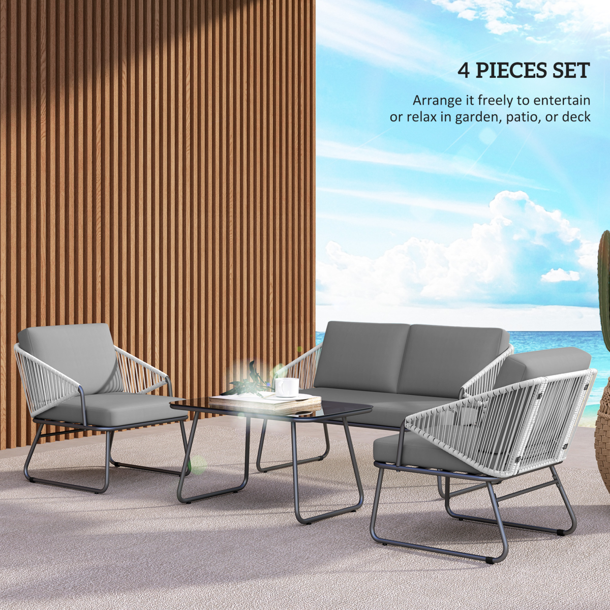 Outsunny 4-Piece Grey Rattan Garden Furniture Set with Cushions