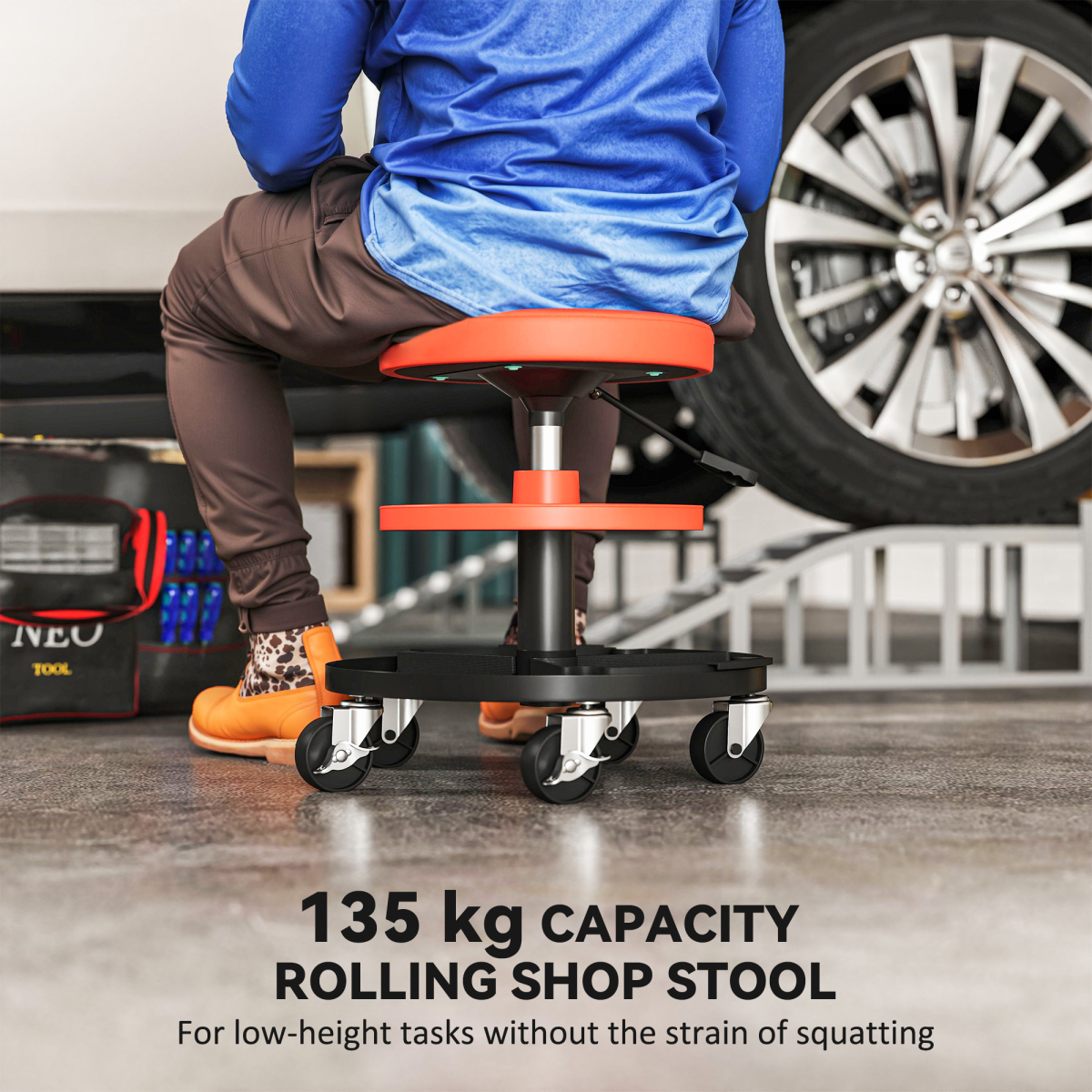 HOMCOM Rolling Mechanic Stool, 135kg, Height Adjustable, Yellow