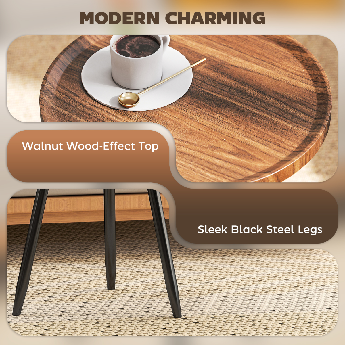 HOMCOM Modern Round End Table, Chestnut Wood Effect, Steel Base