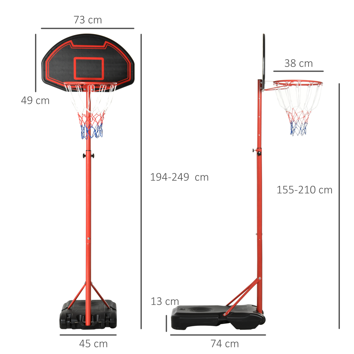 200-250cm Adjustable Basketball Hoop Backboard w/ Wheels For Kids HOMCOM