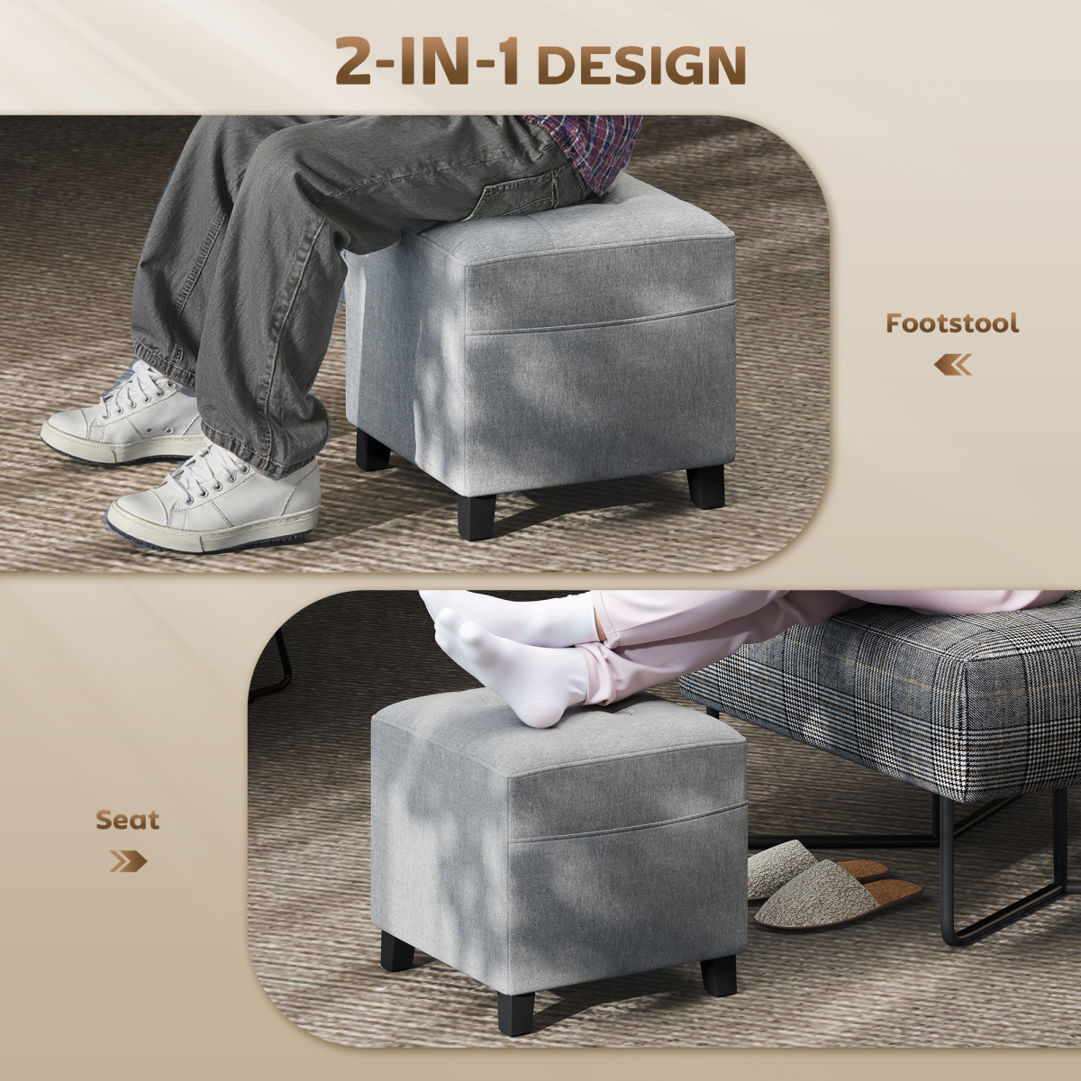 HOMCOM Small Square Ottoman Footstool with Padded Seat, Light Grey