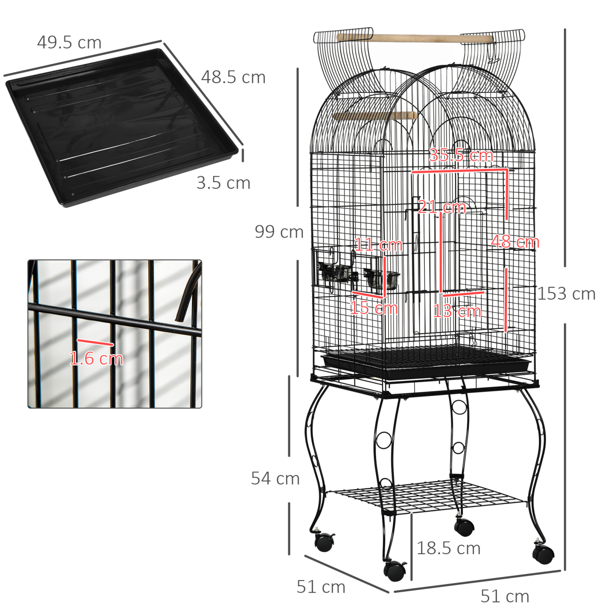 PawHut Large Metal Bird Cage with Perch & Feeding Stand, Black