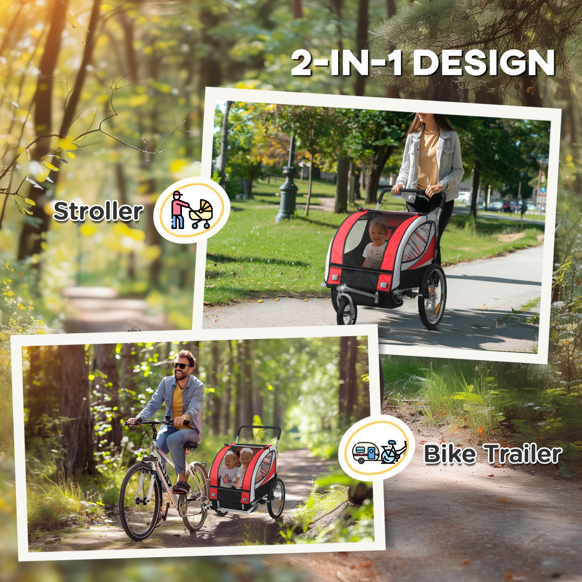 HOMCOM 2-Seat Kids Bike Trailer with Safety Harness, Red