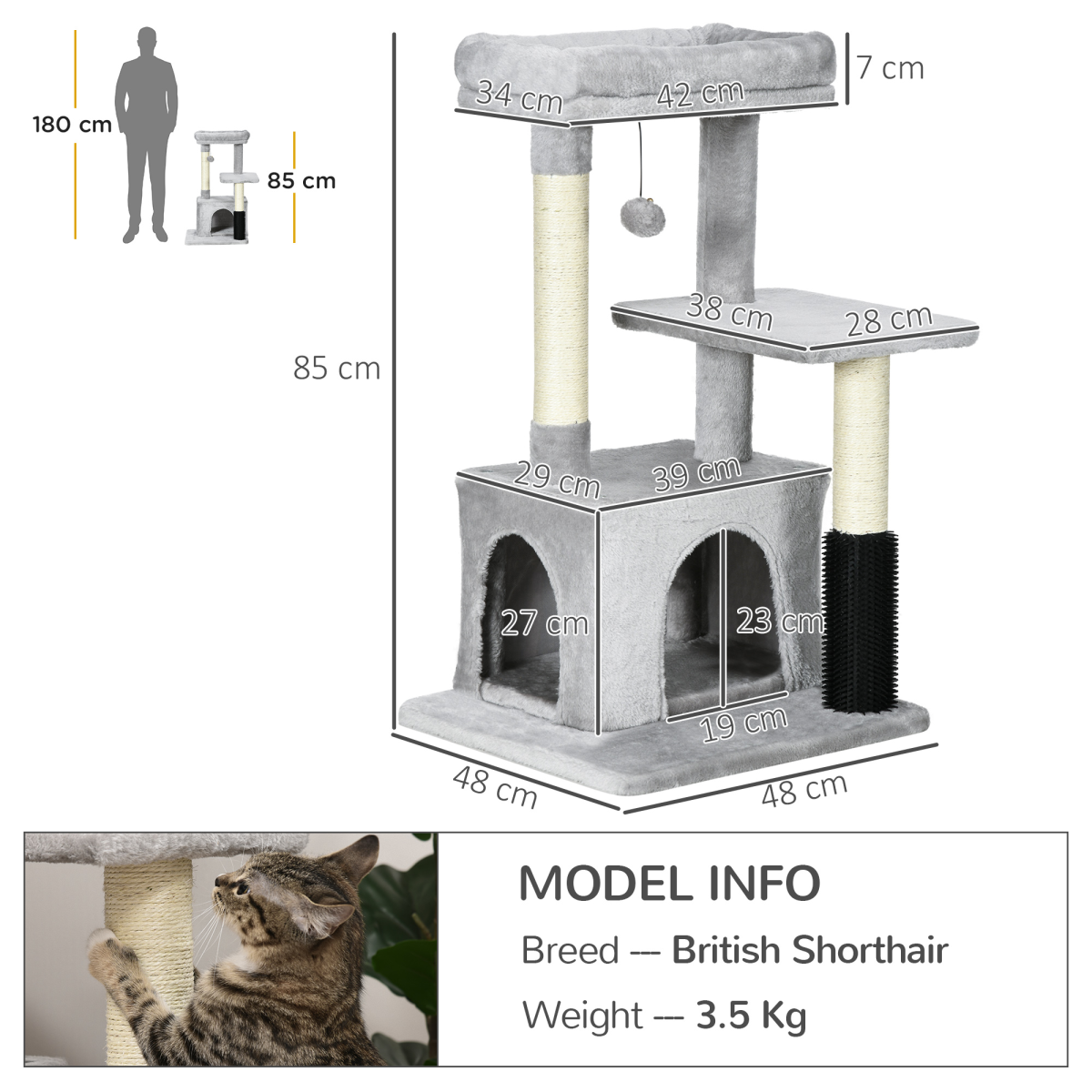 PawHut Cat Tree Climbing Activity Center with Sisal Scratching Surface, Multi-Level Design, Soft-Padded Bed, Hanging Toy, Washable Top Bed