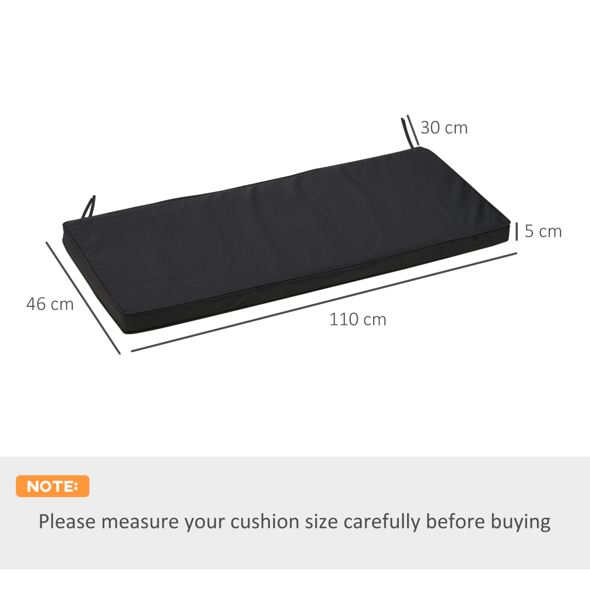 Outsunny 2-Seater Black Bench Cushion with Ties, Polyester Cover