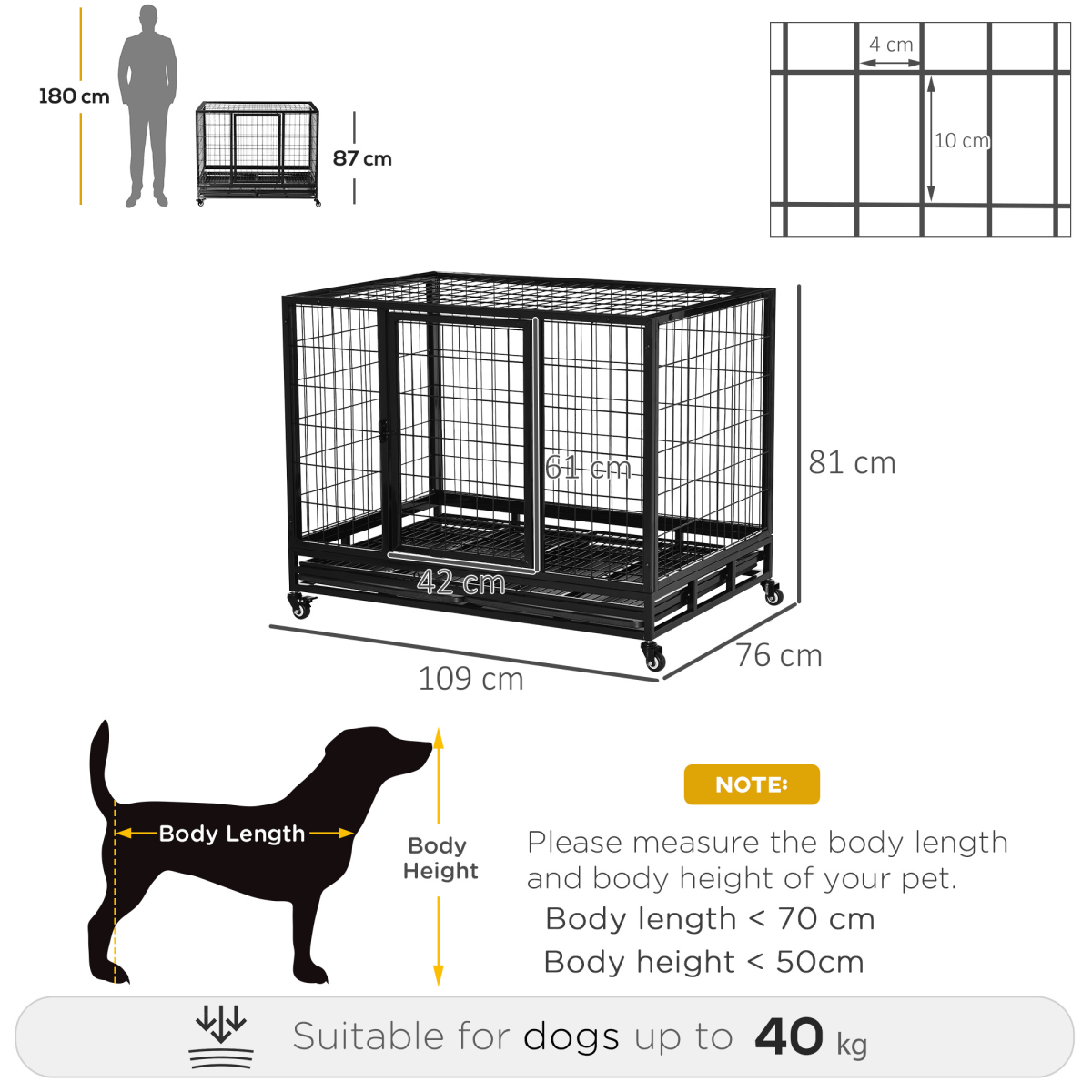Large Black Metal Dog Kennel Cage with Wheels and Tray