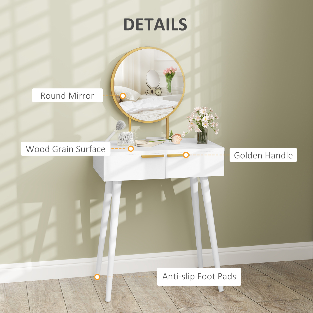 HOMCOM Modern Dressing Table with 2 Drawers & Round Mirror, White
