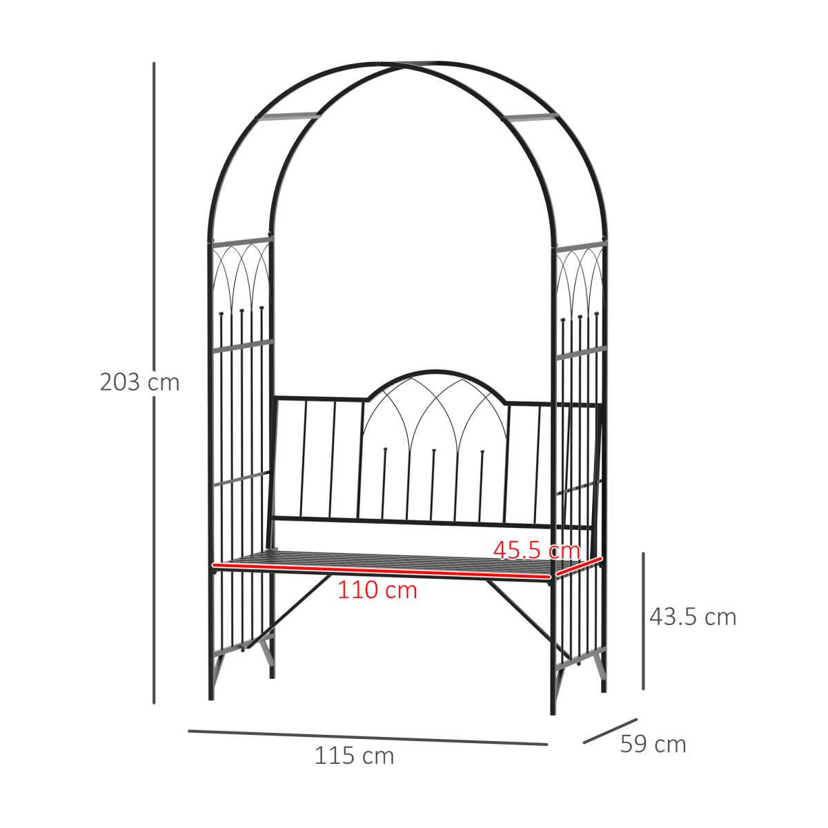 Outsunny Garden Arch Bench with Trellis Arbor, Outdoor Patio Metal Bench for Climbing Plants, Antique Black