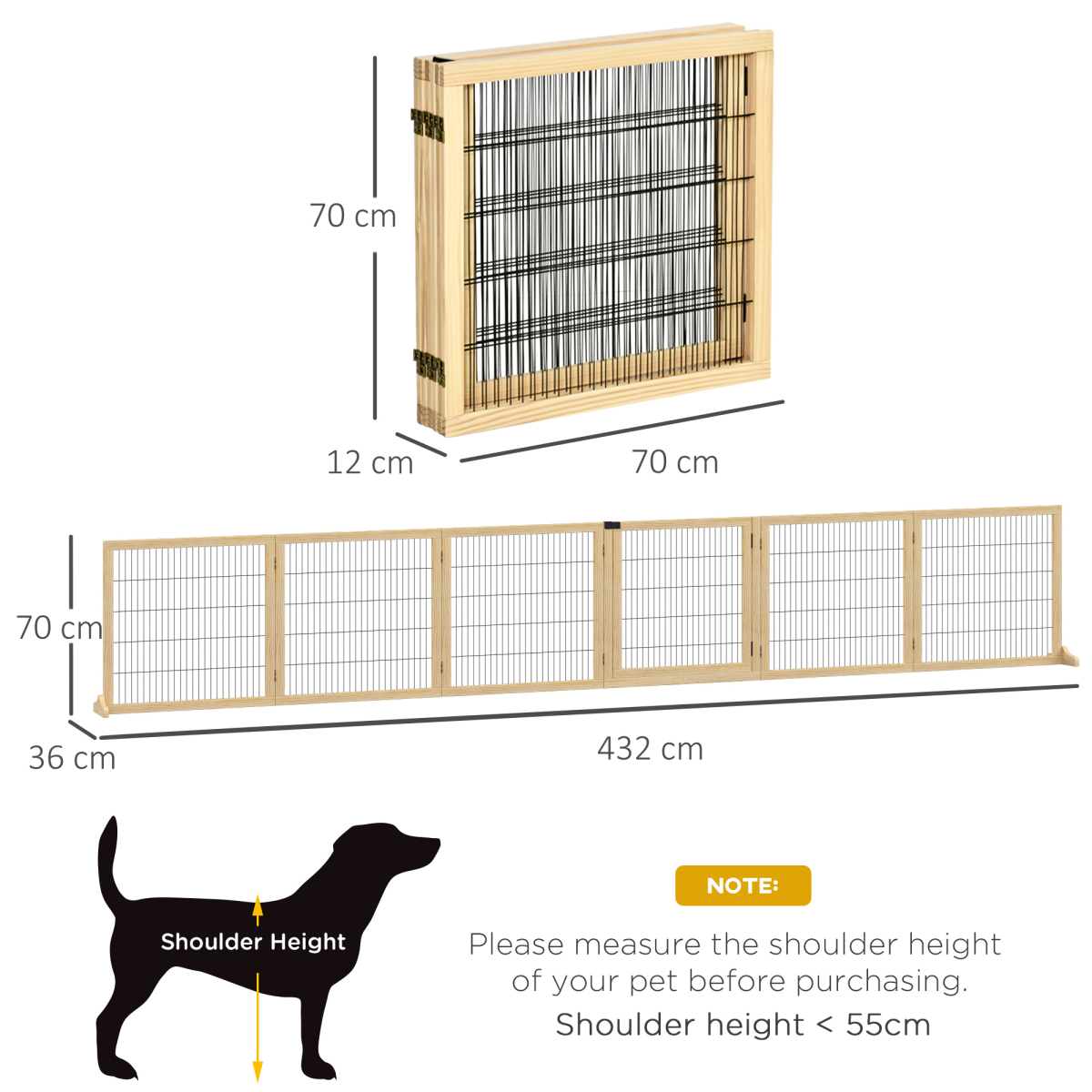 PawHut Freestanding Foldable Wooden Dog Gate, 6-Panel, 432cm