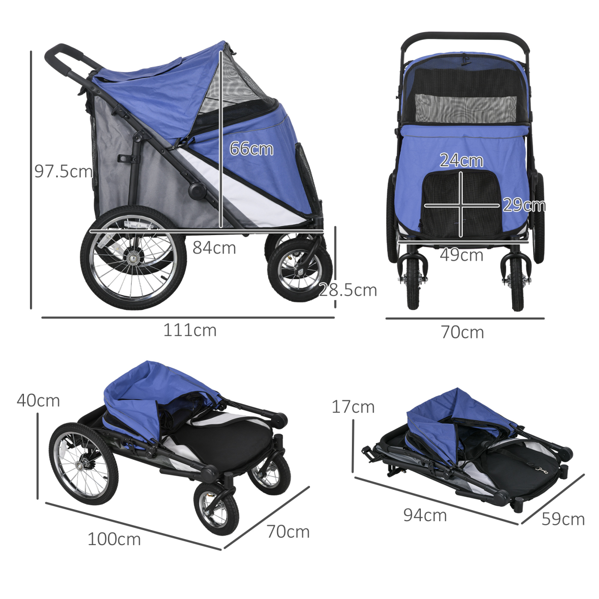 PawHut Foldable Large Dog Stroller with Cushion, Blue