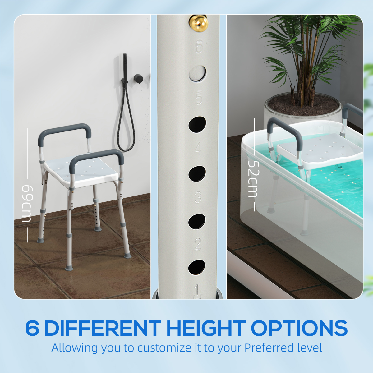 HOMCOM Adjustable Height Rust-Resistant Aluminium Bath Chair, Light Blue
