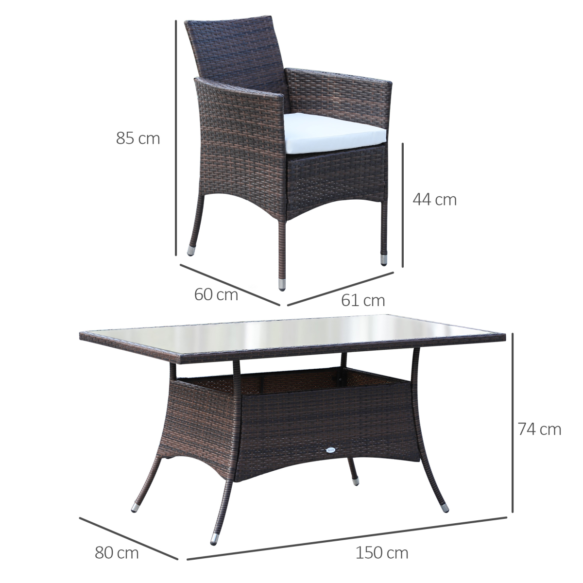 Outsunny 7-Piece Rattan Garden Dining Set, 6 Chairs, Glass Table Top